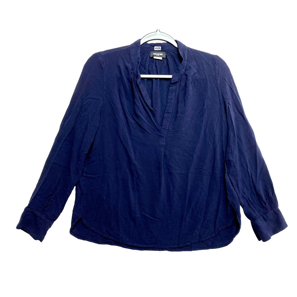 Zadig & Voltaire Blouse Womens Small Deep Navy Long Sleeve Satin V-Neck